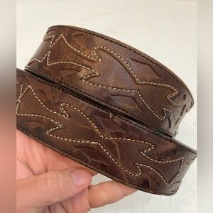 Vintage brown leather belt silver colored hardware appliqué leather details